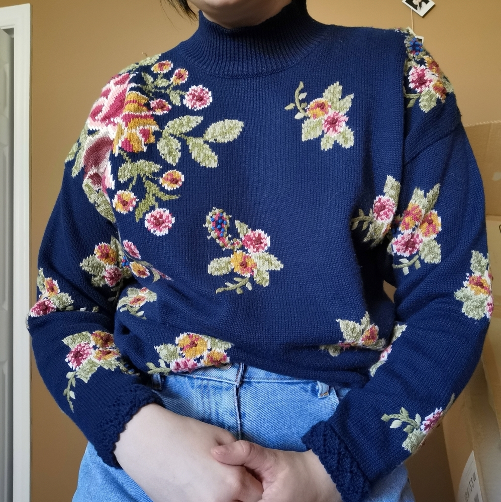 Floral Mock Neck Sweater - Navy